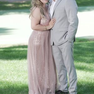 Rose gold one shoulder sequence dress with a sheer over lay